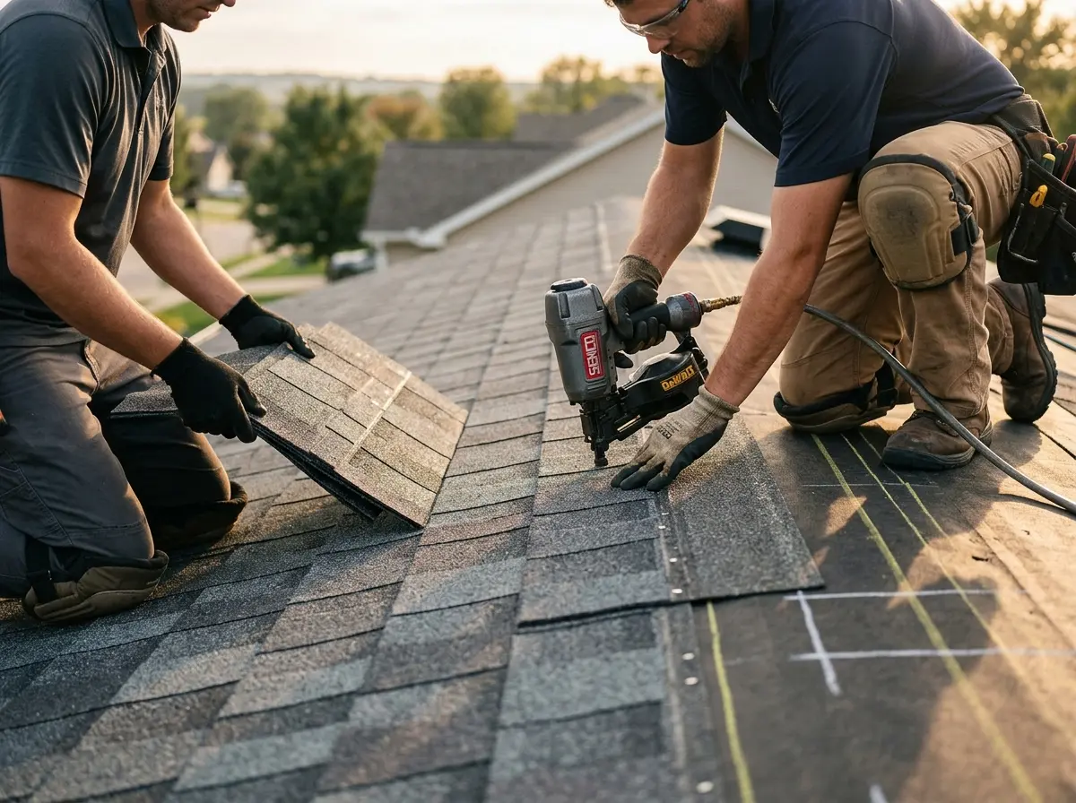 Professional roofer working on a residential roof in Plattsmouth